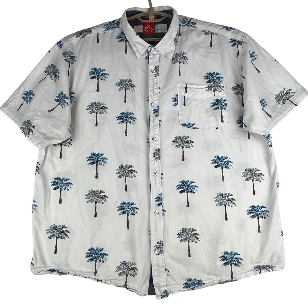 Free Planet Palm Tree Shirt Mens 2XL White Hawaiian Cotton Beach
